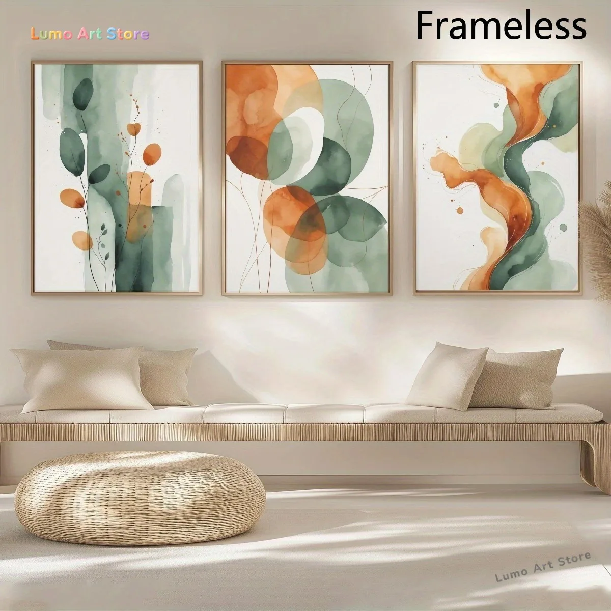 2D Flat, 2D Flat, 3pcs Canvas Poster Set (Unframed) - Burnt Orange And Sage Green Modern Abstract Wall Art, Mid-Century Moder