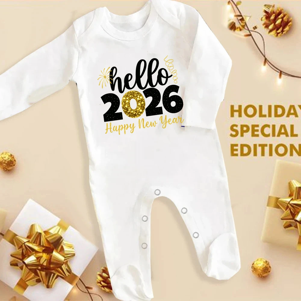 Hello 2026 Printed Baby Sleepsuit Romper Happy New Year Newborn Babygrow Outfit Jumpsuit Infant Footies Long Sleeve Bodysuit