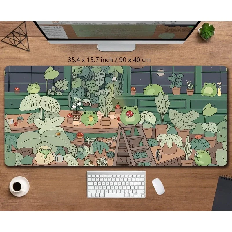 Kawaii frogs Desk Mat Large Gaming Mousepad Xxl Cute Mouse Pad Anime Aesthetic Cozi Lofi Plant Nature Green Extended Deskmat