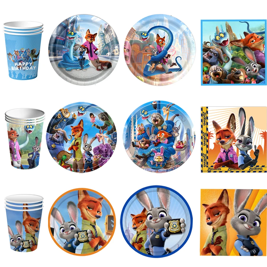 

Горячие украшения для дня рождения Zootopia, набор посуды, подарочный пакет, бумажная тарелка, чашка, салфетка, воздушный шар, скатерть, рождественские подарки