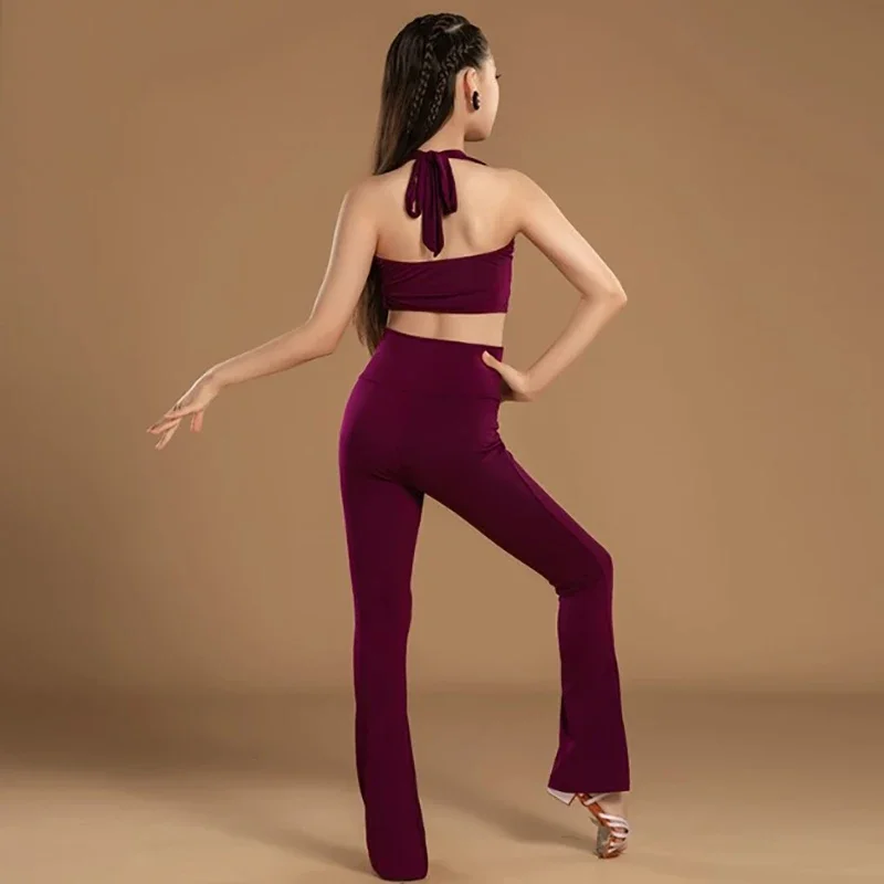 Children Latin Dance Halter Backless Top High Waist Pants Trousers Girls Kids Competition Dancewear Ballroom Training Costume