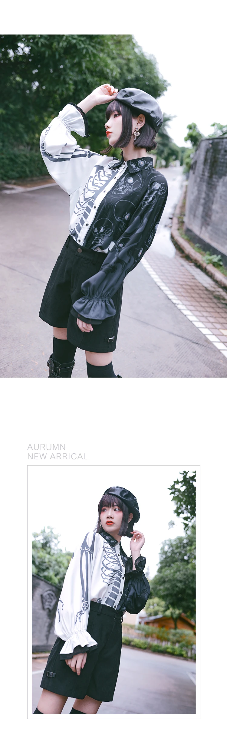 Temperament Asymmetrical Printed Lantern Sleeves Retro Punk Shirt Spring Summer Turn-down Collar Women's Personality Chic Shirts