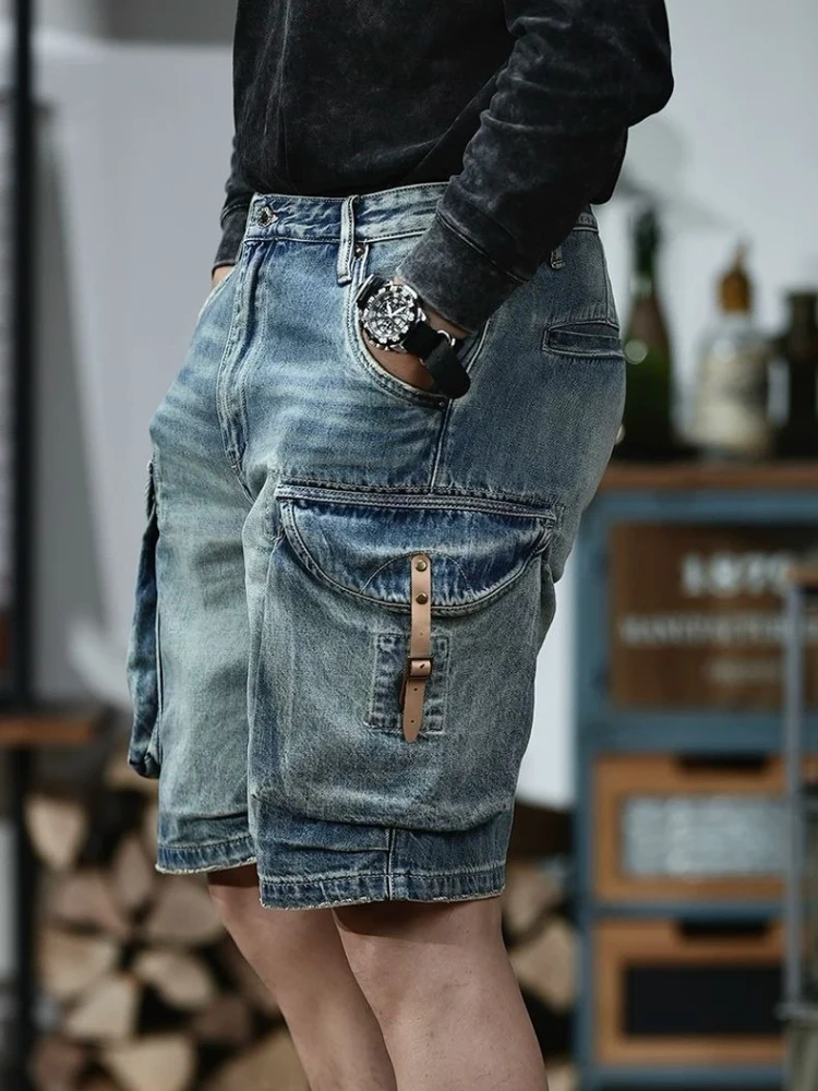 Men's Knee-Length Denim Shorts Retro 1970s American Workwear Design Summer Casual Mid-Length Contrast Color Fashion Outfit