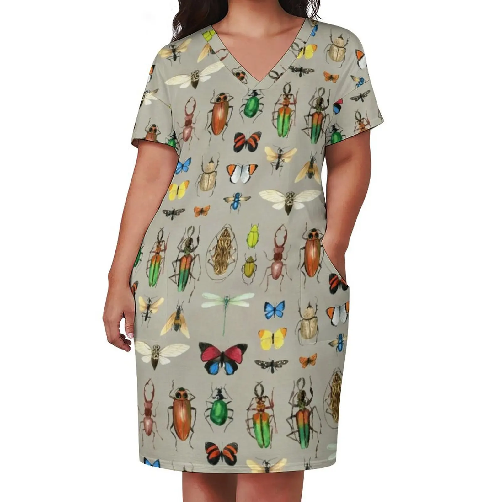 The Usual Suspects - Insects on grey - watercolour bugs pattern by Cecca Designs Loose Pocket Dress Female dress