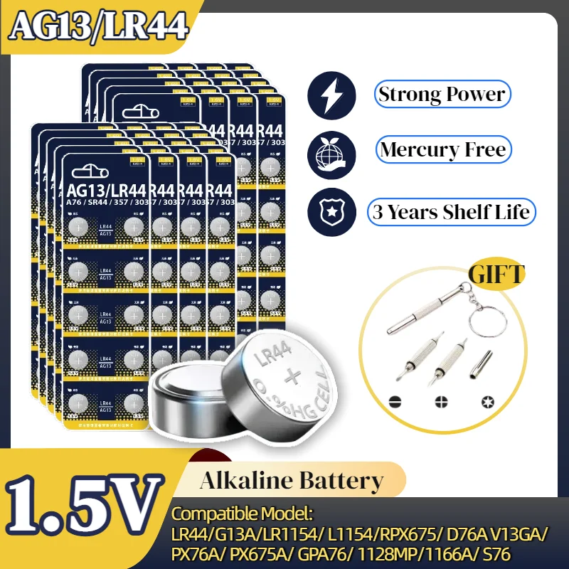 

LR44 AG13 SR44 LR1154 SR1154 SP76 357 1.5V Button Coin Cell Batteries for Watch, Toys, Remote, Calculator, Electronics and More