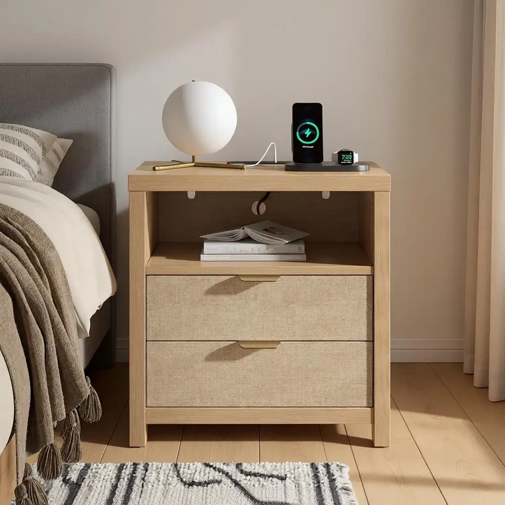 

Тумбочка прикроватная из дуба с 2 ящиками, зарядной станцией и полкой для хранения для спальни