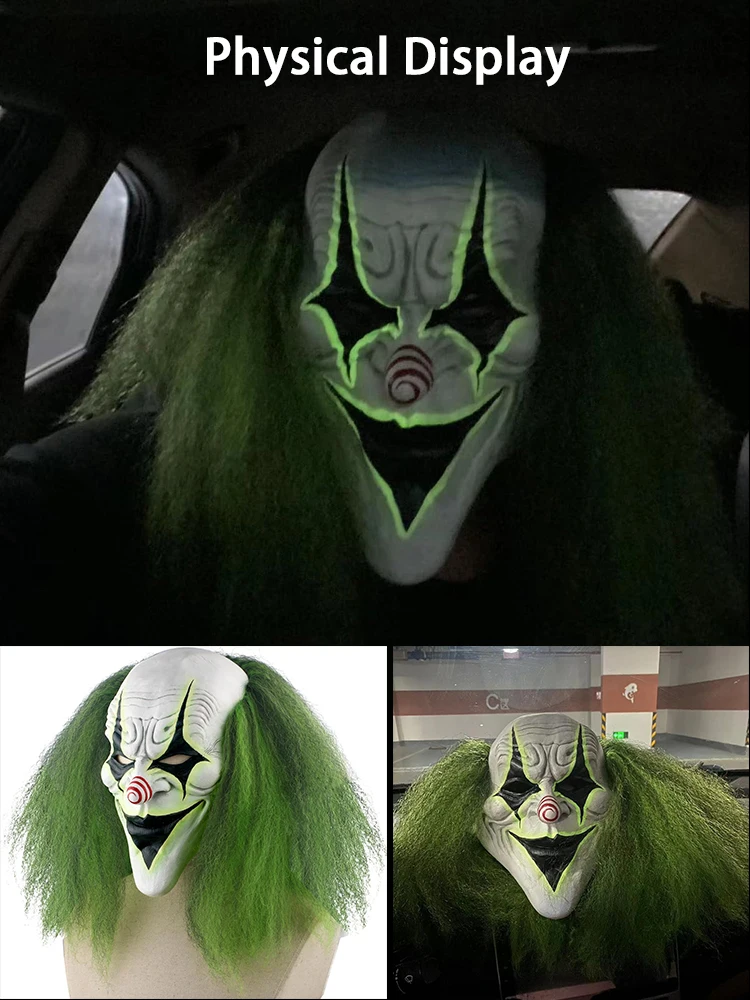 Maschera raccapricciante da clown spaventoso di Halloween con capelli verdi e naso rosso - Maschera jack con copricapo in lattice per feste horror ed eventi in costume