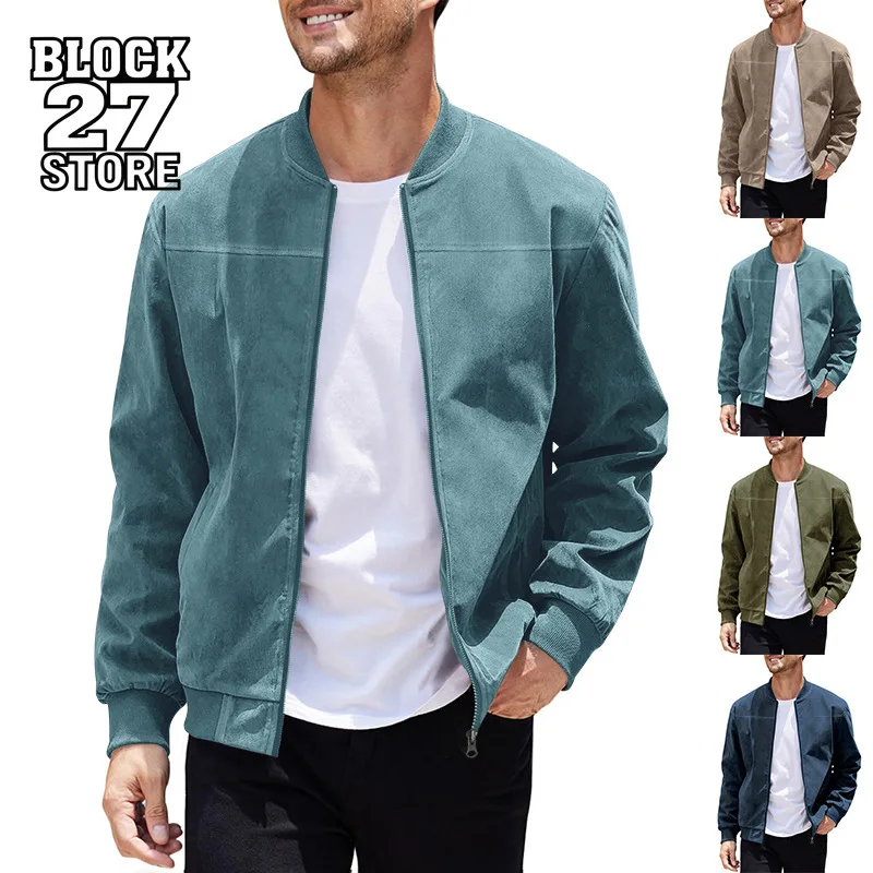 Harajuku Suede Solid Color Zipper Jacket Men Vintage Casual Long Sleeve Outerwear Fashion Streetwear Warm Coat Trendy Clothing