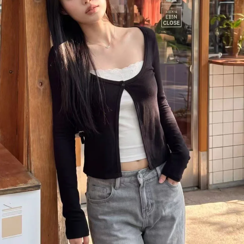 Sweet Girls Fake Two Pieces Long Sleeve T-shirt Women Casual Slim Tees Female Autumn Bottoming Short Top 2000s Clothes