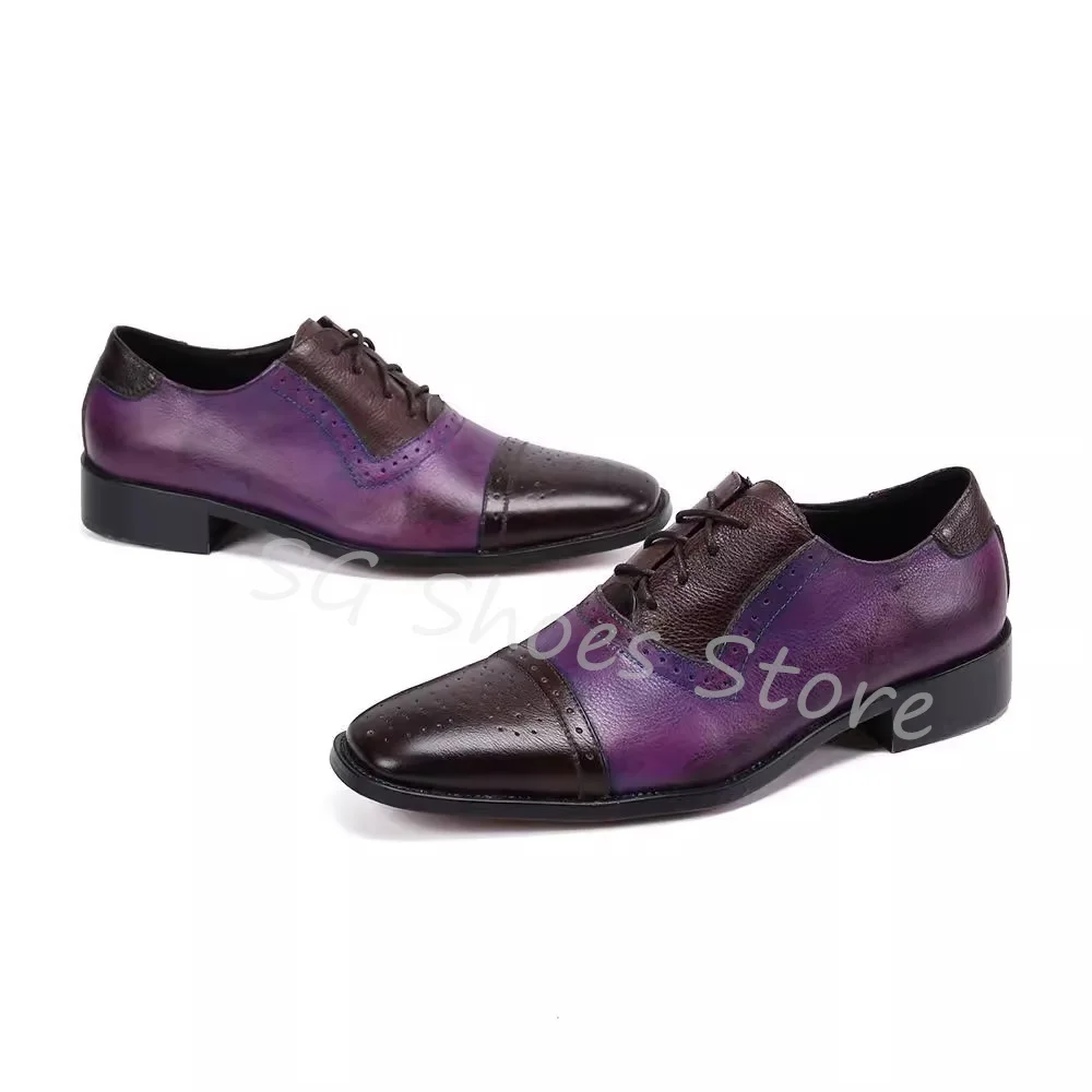 Mixed Color Hollow Out Splicing Leather Shoes for Men Fashion Pointed Toe Chunky Heel Shallow Lace-Up Oxfords Male Leisure Shoes