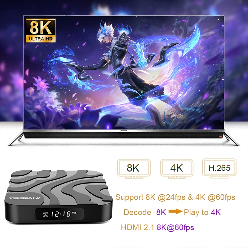 T95 Max Smart TV Box Android 14 8K ثنائي النطاق WiFi 2.4G/5G Bluetooth 5.0 Streaming Media Player Set Top Box لجوجل Netflix