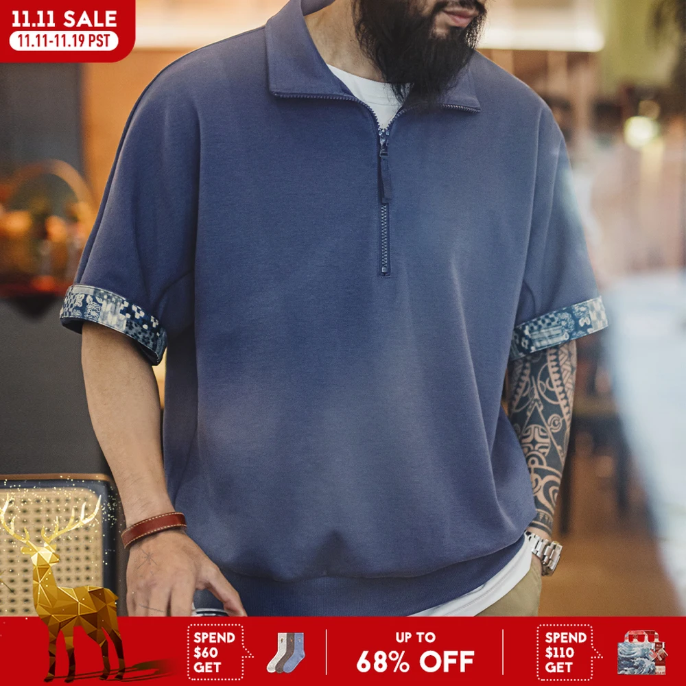 

Maden Vintage Boro Style Half-Zip Short Sleeve Polo Shirt Men's Summer Indigo Dyed Printed Loose Collar T-Shirt Casual Gray Tops