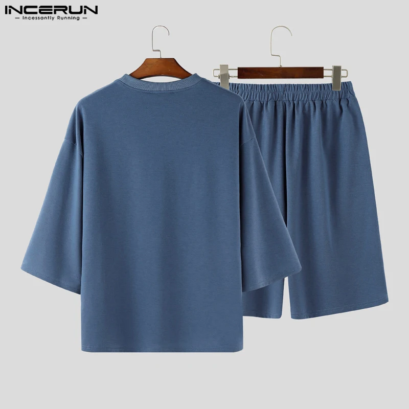 INCERUN Men's Sets Solid Color O-neck 3/4 Sleeve T Shirt Shorts Two Piece Sets Streetwear Oversize 2026 Casual Men Matching Sets - Image 5
