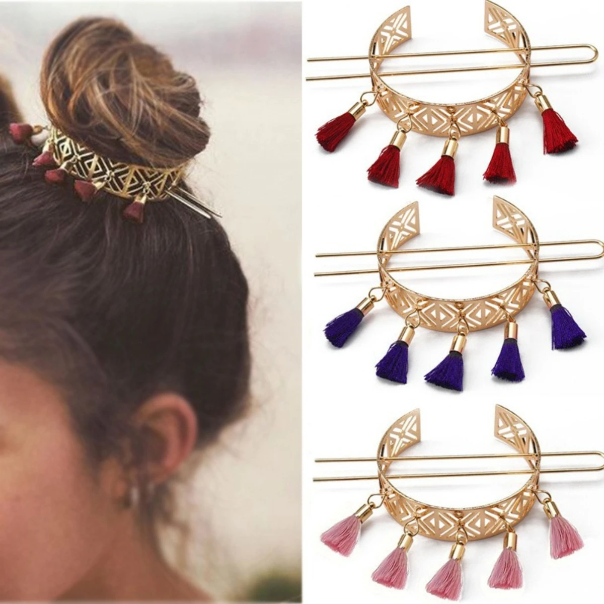 Boho Metal Hair Bun Pin With Colorful Tassel Pendant Gold U Shape Hair Stick For Women High Bun Updo Hairstyle Decor