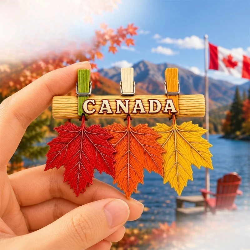 Canada Three Maple Leaves Fridge Magnet - Elegant 3D Autumn Souvenir Unique North American Gift for Travel & Rustic Home Decor
