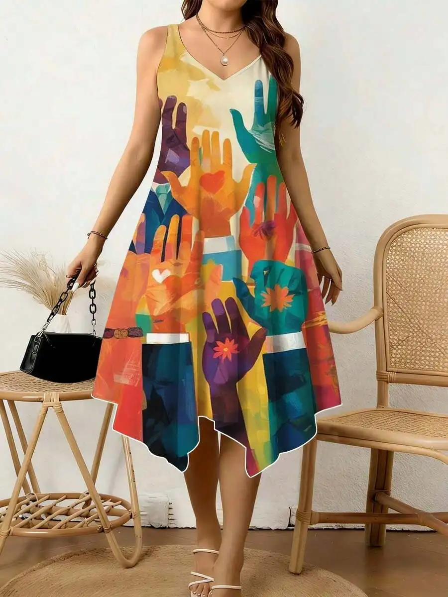 

Women V Neck Irregular Hem Dress With Colorful Hands Heart Flower Print Summer Casual Beach Vacation Wear