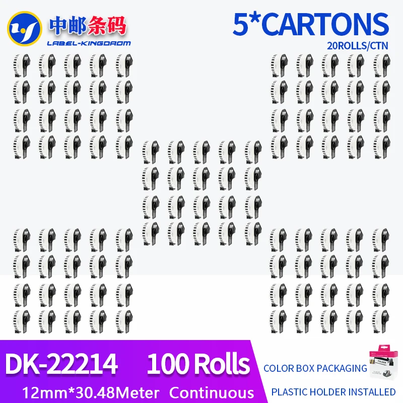 

100 Rolls Generic DK-22214 Label 12mm*30.48M Continuous Compatible for Brother Printer QL-570/700 All Include Plastic Holder