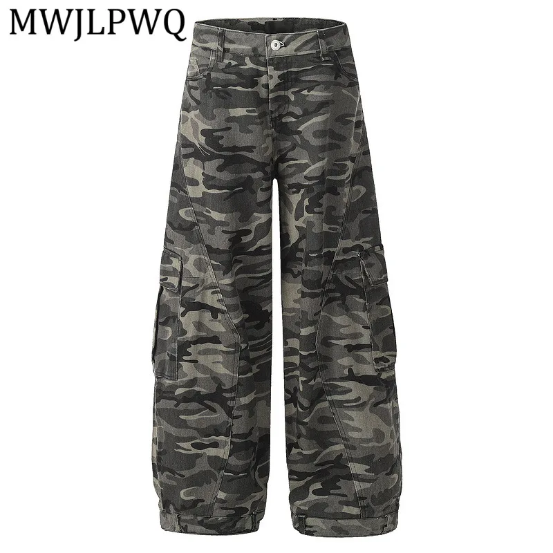 

MWJLPWQ Camo Print Multi Pocket Cargo Pants Men Ed Rugged Wide Leg Trousers Loose Baggy Casual Streetwear Outdoor Bottoms 15761