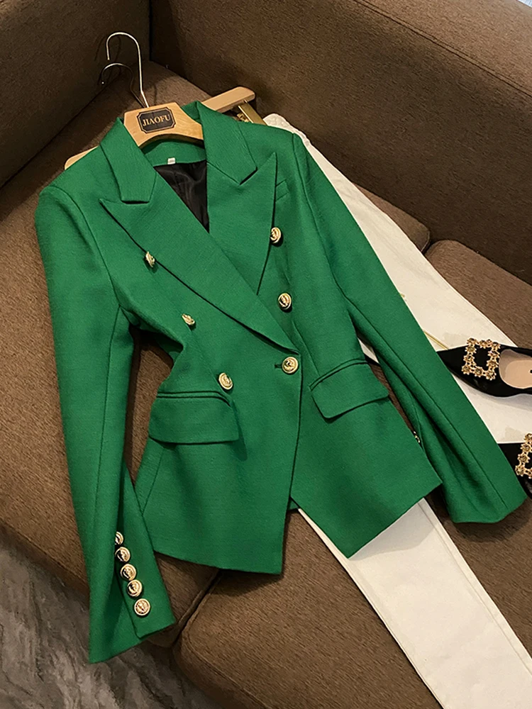 Metallic Slim Fit Women's Suit Jacket Double Row Buttons Commute Style Long Sleeve Green Outerwear Fashion Show Summer 2026
