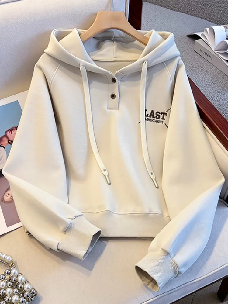 Felpa con cappuccio in puro cotone da donna vestibilità ampia ort Sle primavera autunno coreano pigro Sle abbigliamento auto-kept lungo Sve ricamato