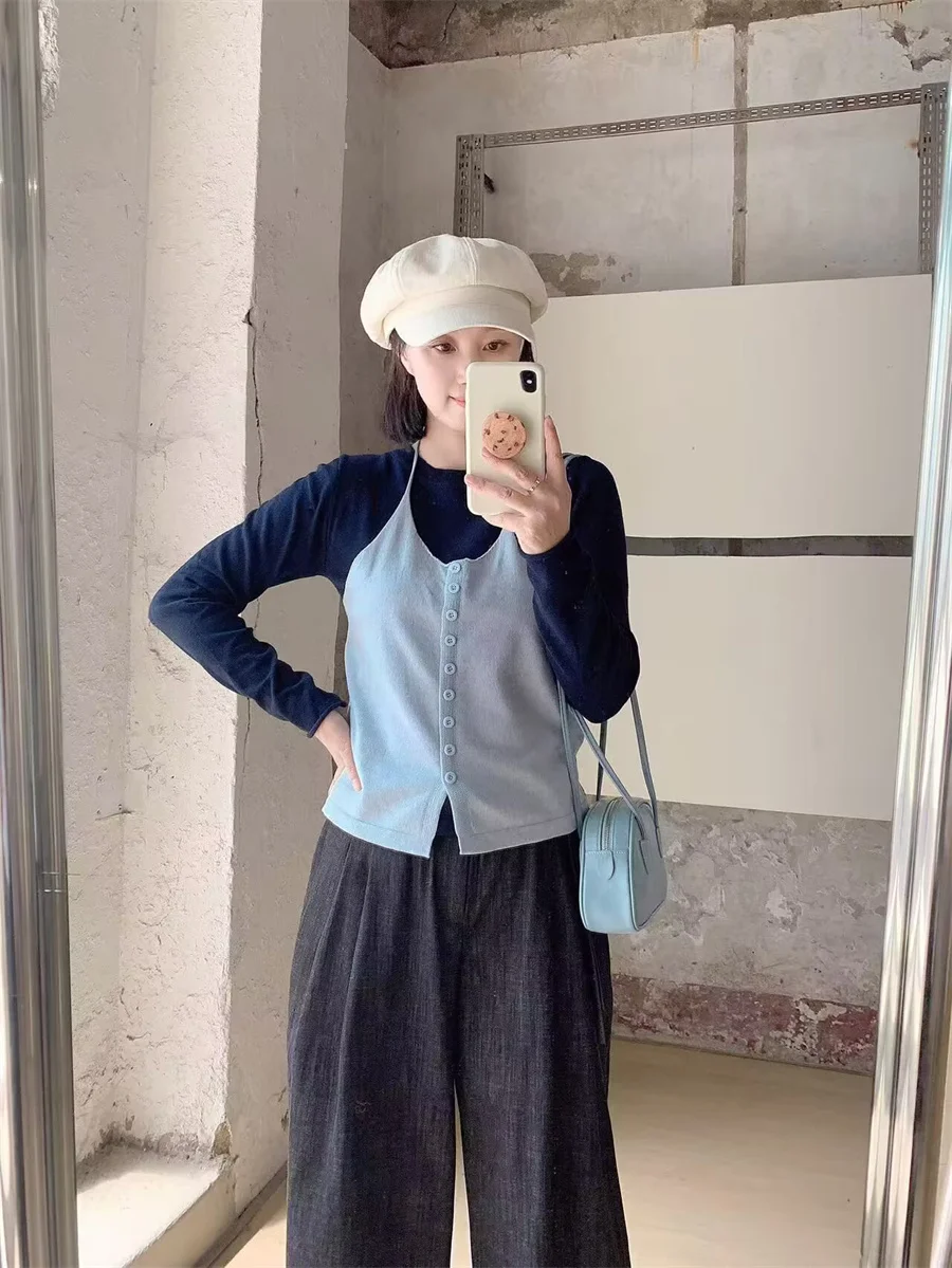 

Off Color Blo Long Sve Knitted Sweater Women's Base Layer Soft Korean Sle Faux Two-Piece Autumn Faion for Teens