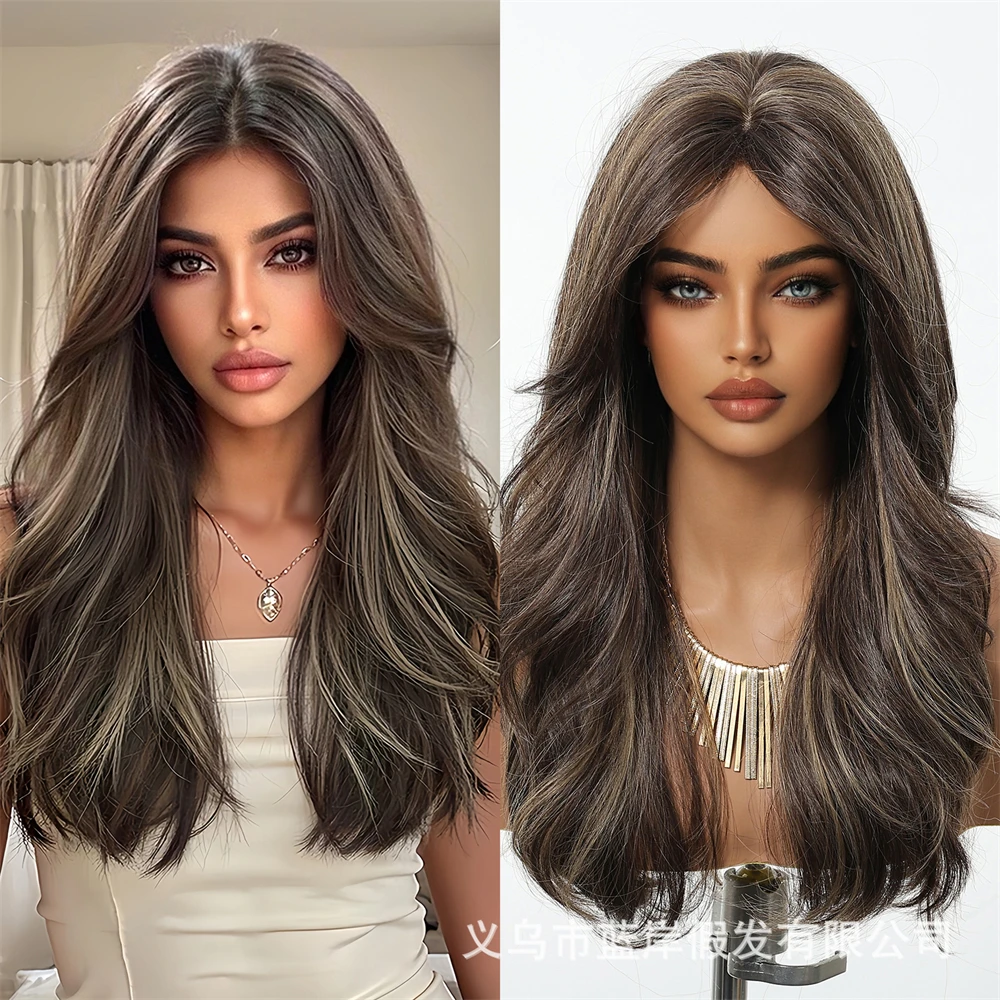Full head wig, dyed gradient gold medium long curly hair, fashionable synthetic hair cover, suitable for daily women