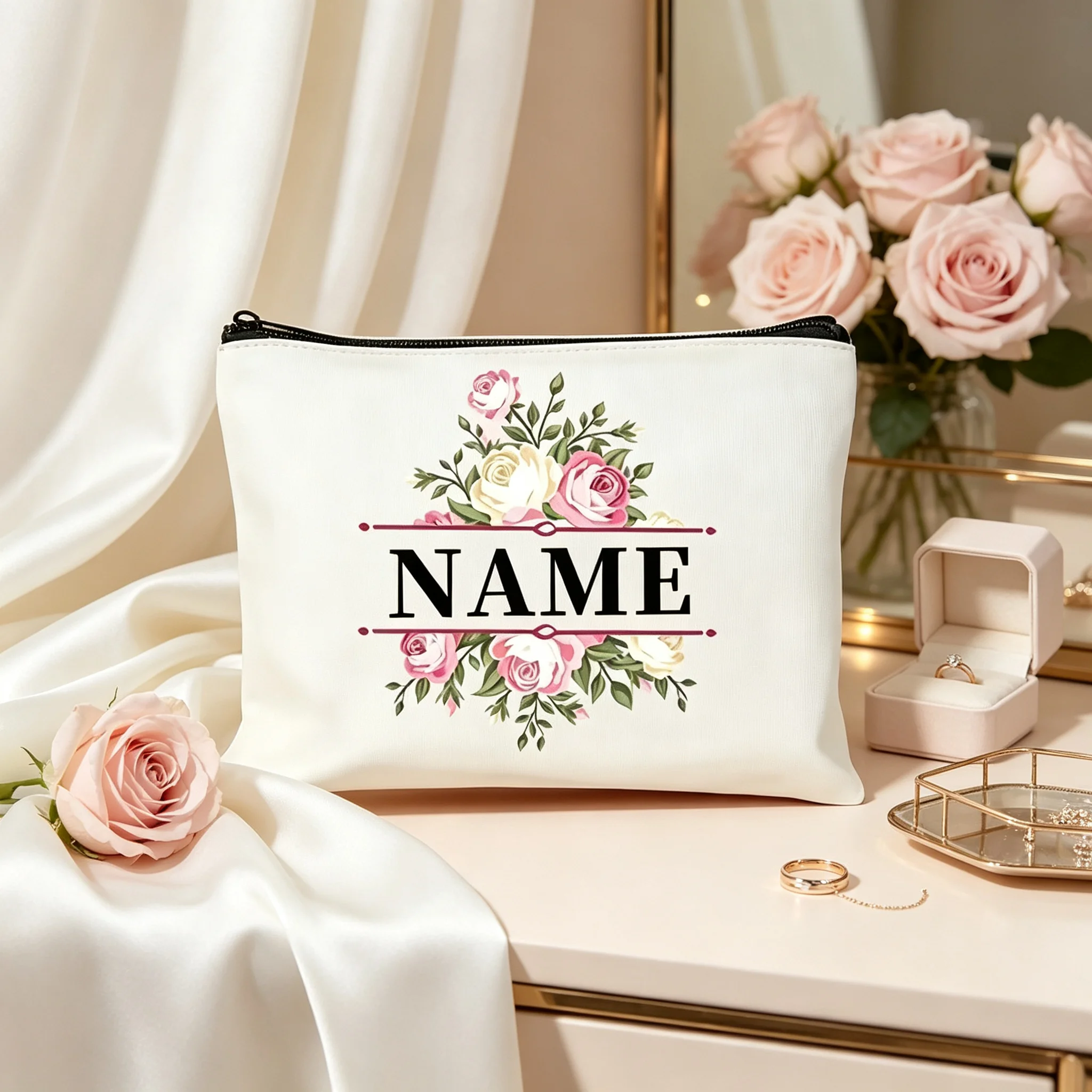 Personalized Name Floral Cosmetic Bag, Custom Rose Canvas Makeup Pouch, Customized Travel Zipper Storage Gift for Women