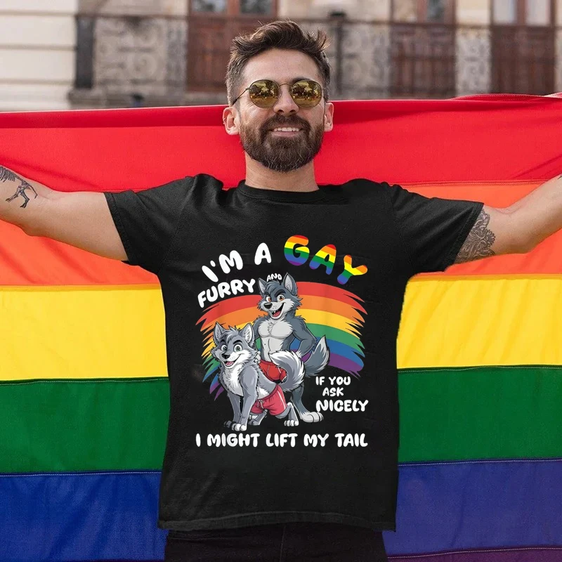 Men's Women's Fun Gay Furry Pride Month T-Shirt Rainbow Fox and Dog Pattern 