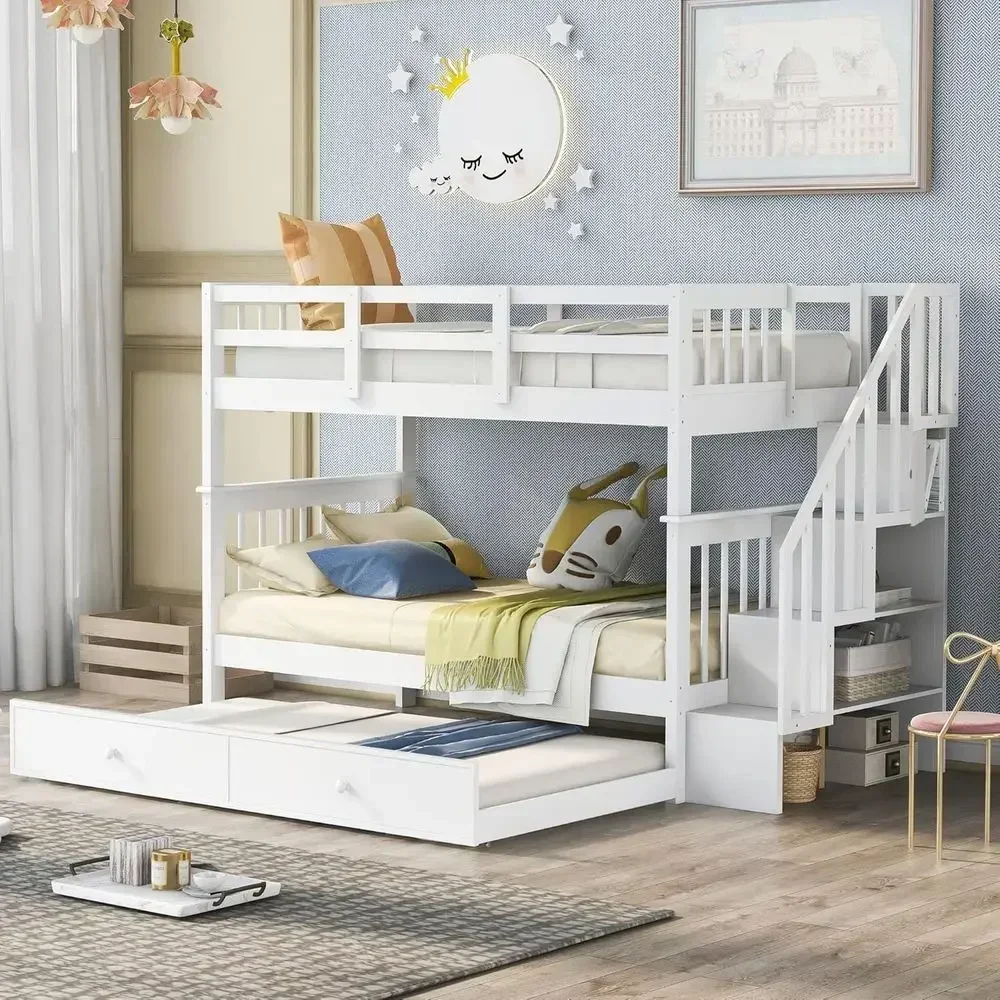 Twin-Over-Twin Bunk Bed with Trundle and Storage Steps, 3-in-1 White Wooden Stairway Bed