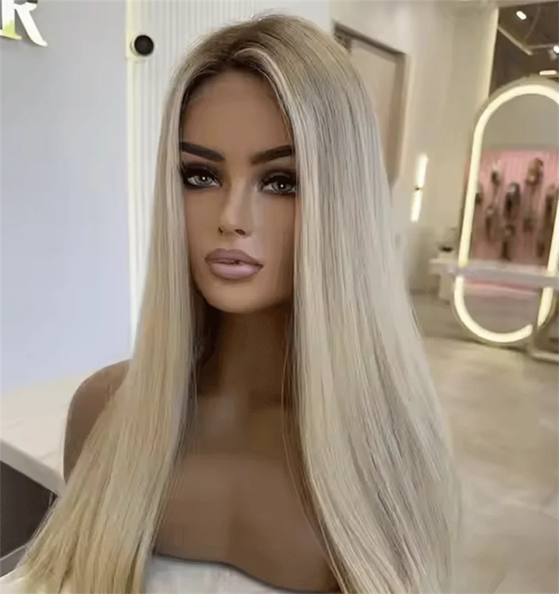 

Balayage Mixed Ash Blonde Brown Highlights Long Wig Middle Part Dark Root 24-Inch Synthetic Fringe Wig Natural Ash Blonde Wig
