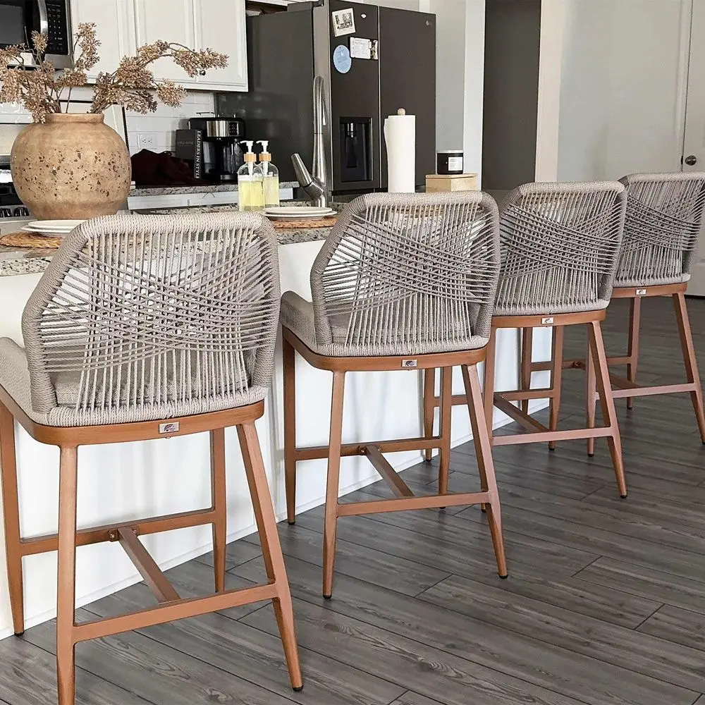 

Counter Height Bar Stools Set of 4 Rattan Chair Boho Wicker Metal Counter Stools with Back and Footrest Patio Seating Modern Ga