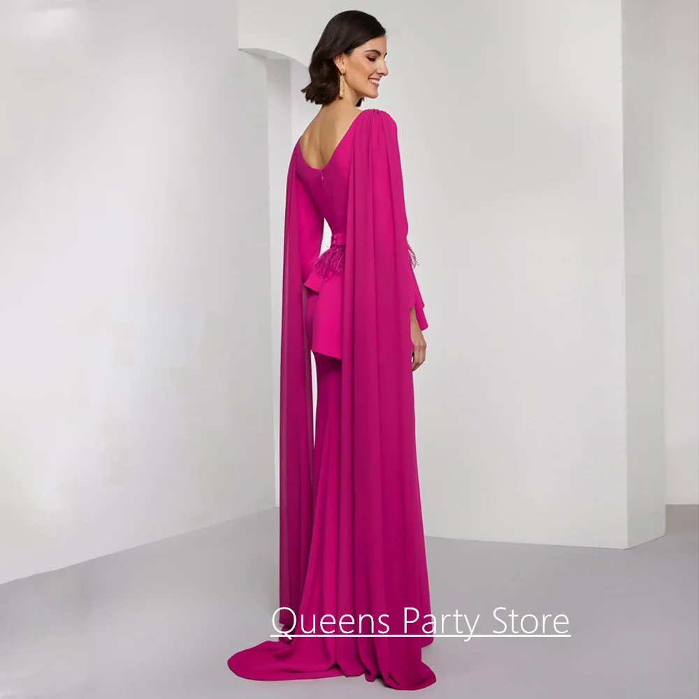 Fashion Mother of The Bride Dress Customized V Neck Long Sleeves Feathers Sweep Train Mermaid Evening Party Gown Weddings