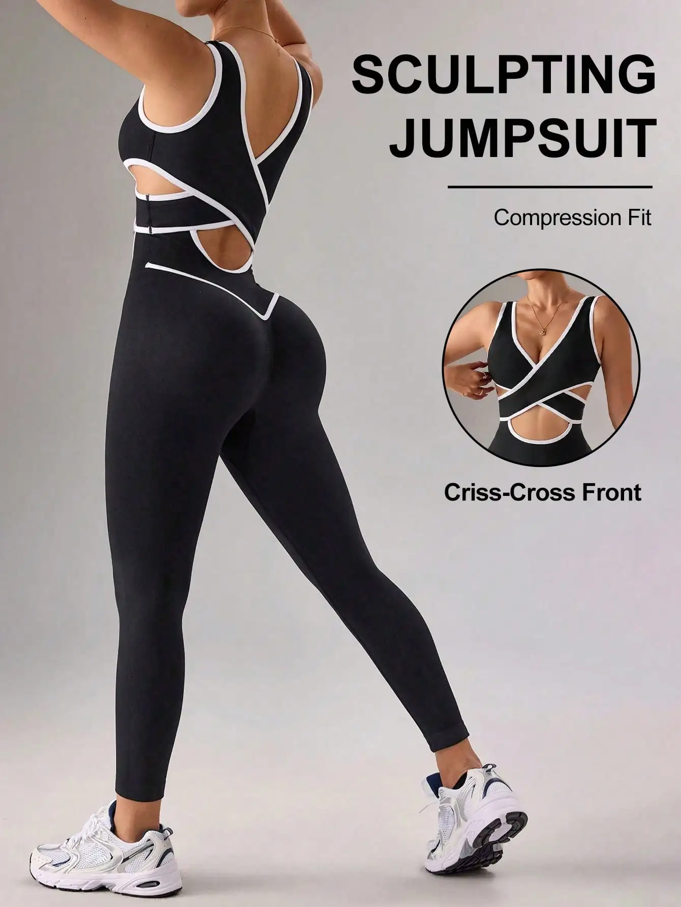 Women Criss Cross Back Cutout Seamless Fitness Jumpsuit Sleeveless Tight Athletic Leggings Gym Sports