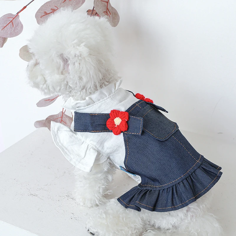 1PC Pet Clothing Dog Spring/Summer Denim Princess Dress Pocket Small Flying Sleeve Strap Dress For Small Medium Dogs