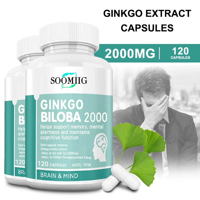 Soomiig Ginkgo Leaf Capsules - Brain Booster, Improve Memory, Concentration, Promote Blood Circulation in The Brain, Anti-aging