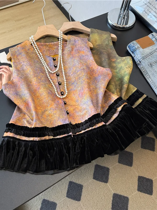 

Бархатный костюм в стиле ретро, новый китайский национальный тренд Sle, шелковый жилет с одной пуговицей Fraant Cloud, круглый жилет Ne...