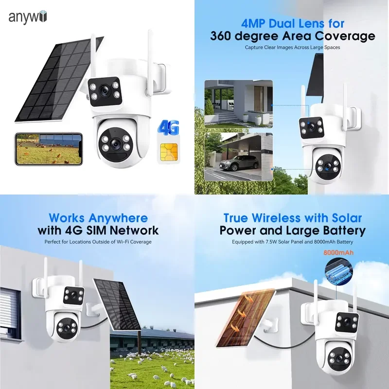 

Anywii WiFi Outdoor Camera 360 Color Night Vision 3 Screen Security Wireless AI Pet Tracking Wifi Ptz Card 4G Camera