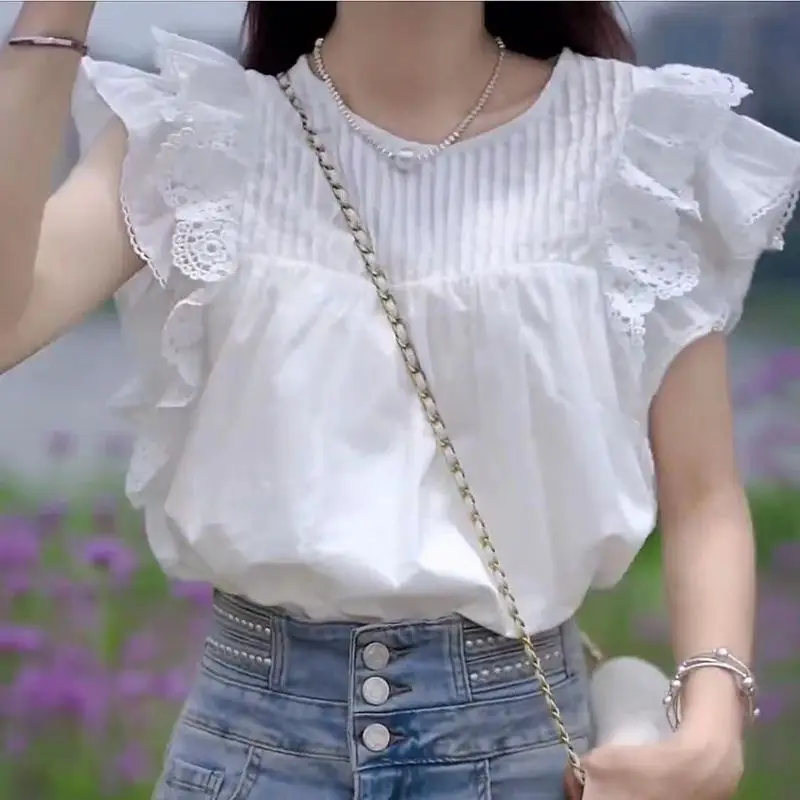 White Simple Solid Blouse Female 2024 Summer New Niche Design Lotus Leaf Lace Double-layer Flying Sleeve All-match Women Shirt