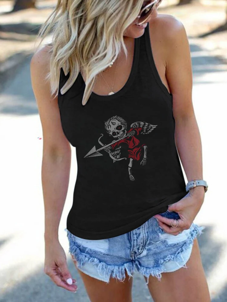 

Seeyoushy Funny Skull Angel Print Funny Women Tank Top Round Neck Summer Sleeveless T-shirt Femme Ropa Aesthetic Top Vest Femme