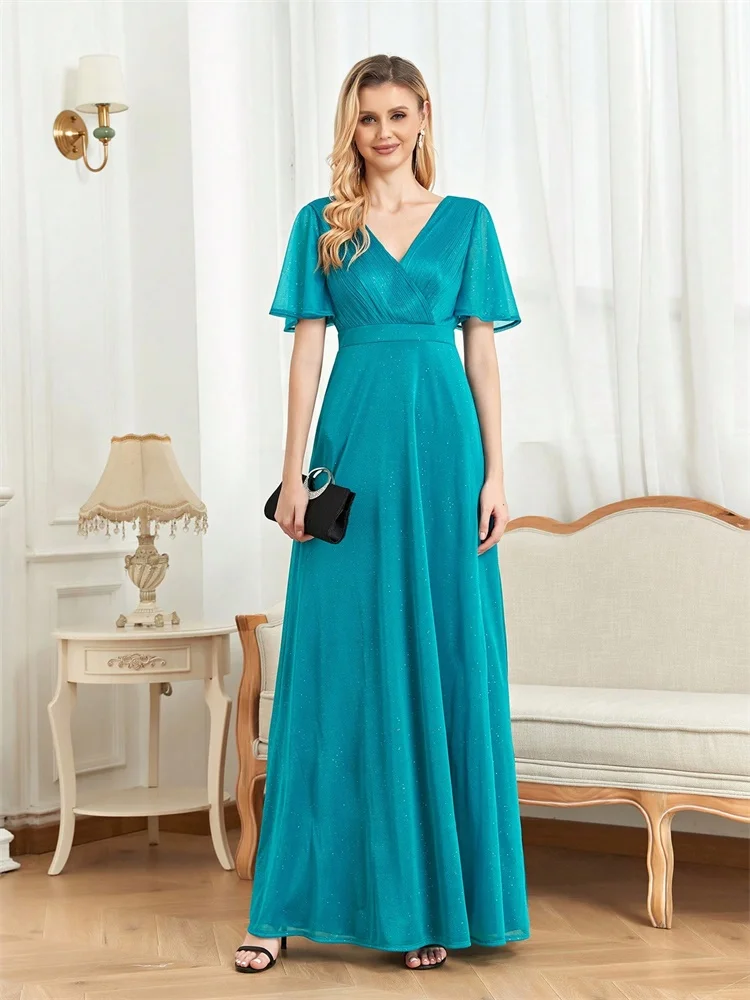 

XUIBOL Elegant Evening Dress Women Short Sleeves Blue V-Neck Evening Dress 2025 Wedding Party Prom Cocktail Gowns Vestido