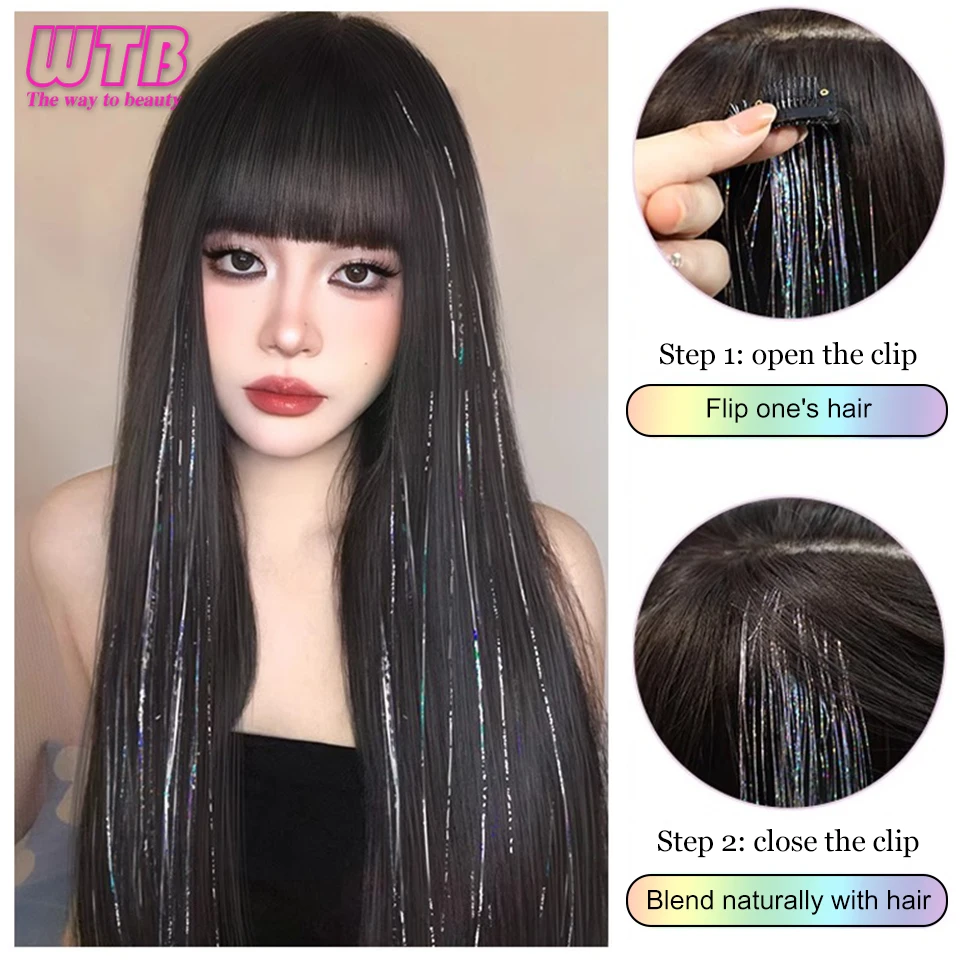 WTB Wig sintetik sutra cerah wanita, rambut palsu panjang lurus highlight warna-warni rambut ekstensi alami