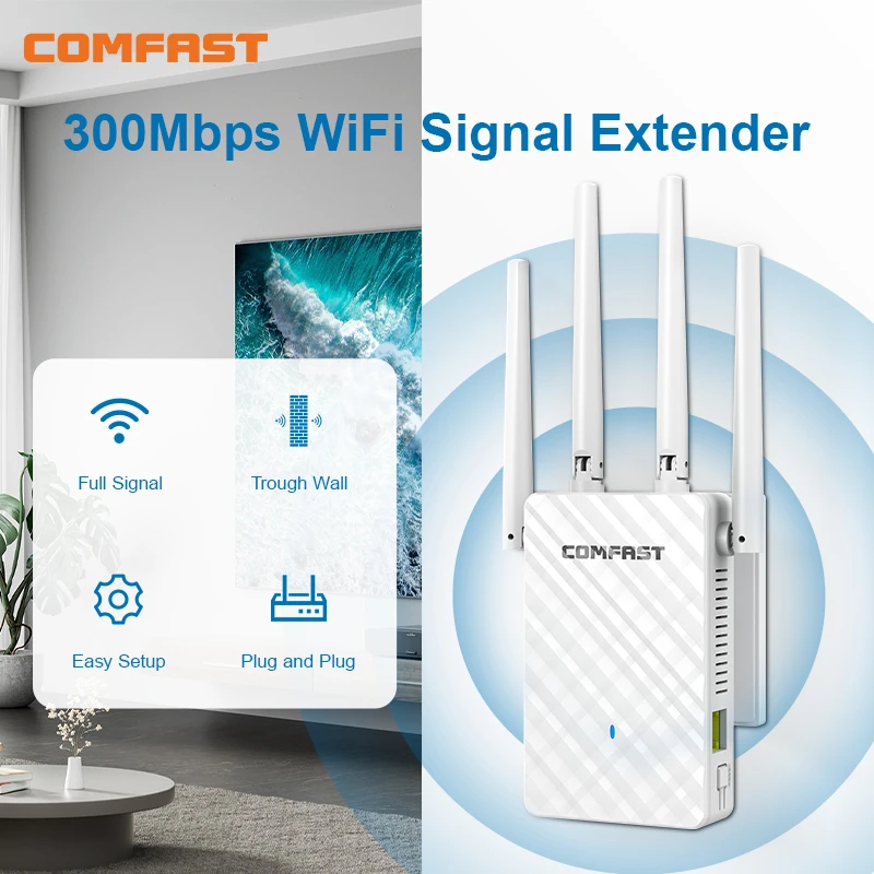 COMFAST 300Mbps WiFi Repeater Wireless Signal Extender 2.4G WiFi Amplifier Router 4 Antenna Long Range Signal Booster For Home