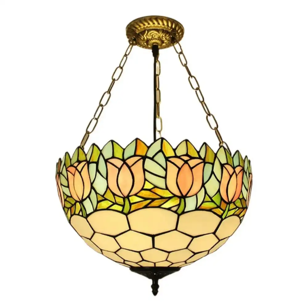 

16inch Stained Glass Pink Rose Anti-chandelier Pendant Light Victorian Chandeliers for Dining Room Stairway Foyer Entryway