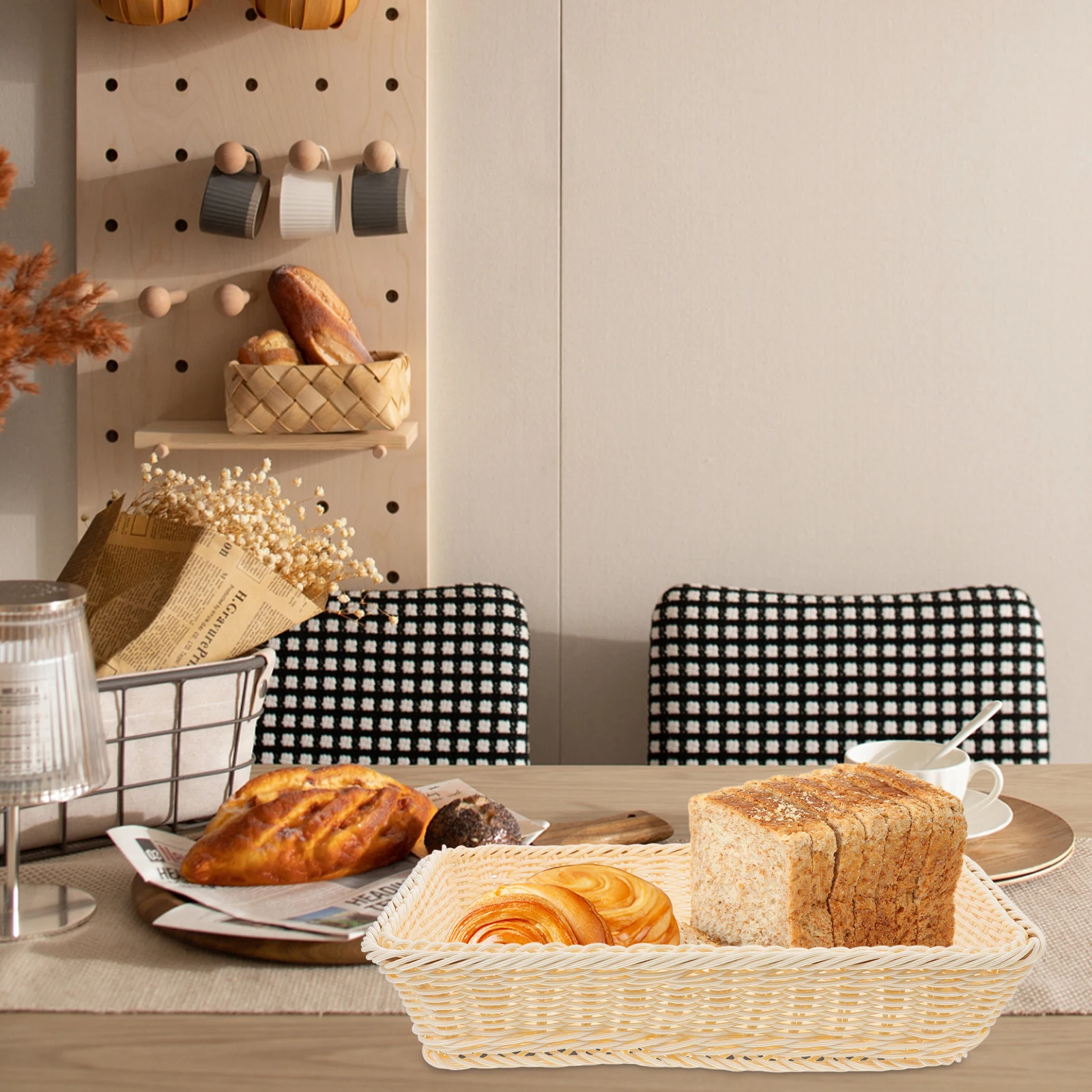 

Plastic Bread Basket Lid Beige Rectangular Woven Style Snack Storage Cover Keeps Food Fresh Kitchen Counter Household Item Fruit