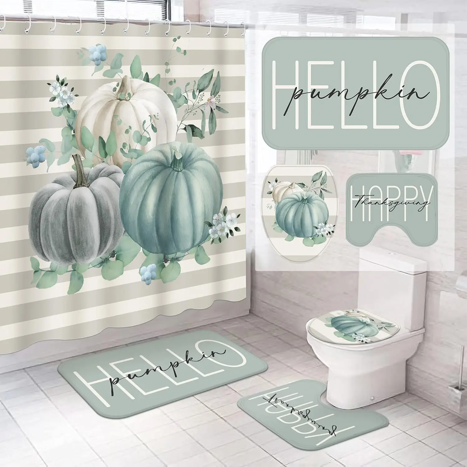 

4 Pcs Fall Blue Pumpkin Shower Curtain Set 72 x 72 in Autumn Farmhouse Bathroom Curtain with 12 Hooks Non Slip Rug Toile