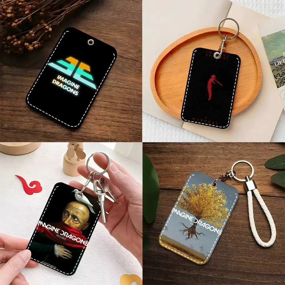 1pc Passionate I-Imagine Dragonses Band Card Case Keychain Access Card Bag Key Tag Ring Leather Card Holder Key Ring Access