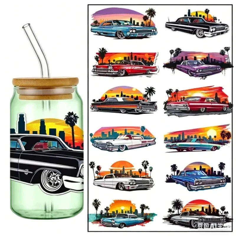 Fashionable Car Themed UV DTF Transfer Stickers, Assorted 3D Self-Adhesive Cup Wraps for 16oz Libbey Glass Can, DIY Decor