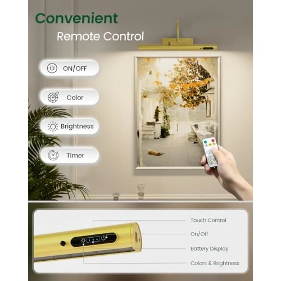 Picture Light Battery Operated, Picture Lights for Wall, 3 Colors and Brightness Dimmable, Rechargeable Art Light for Paintings