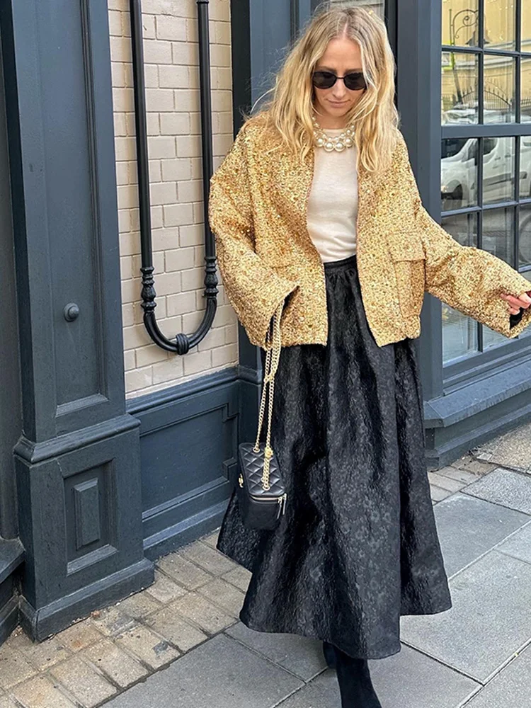 

Women's Sequined Bomber Jacket Fall O Neck Long Sleeve Pocket Stretch Hem Sequins Jacket Coat Autumn Female Chic Outerwear