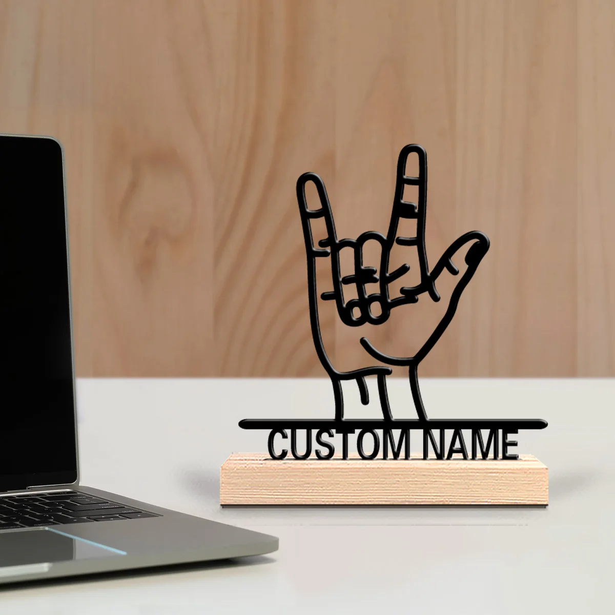 1pc Stylish Personalized Custom Rock salute gestures Metal Statues With Wooden Base Tabletop Decoration Musician’s Gift with Woo